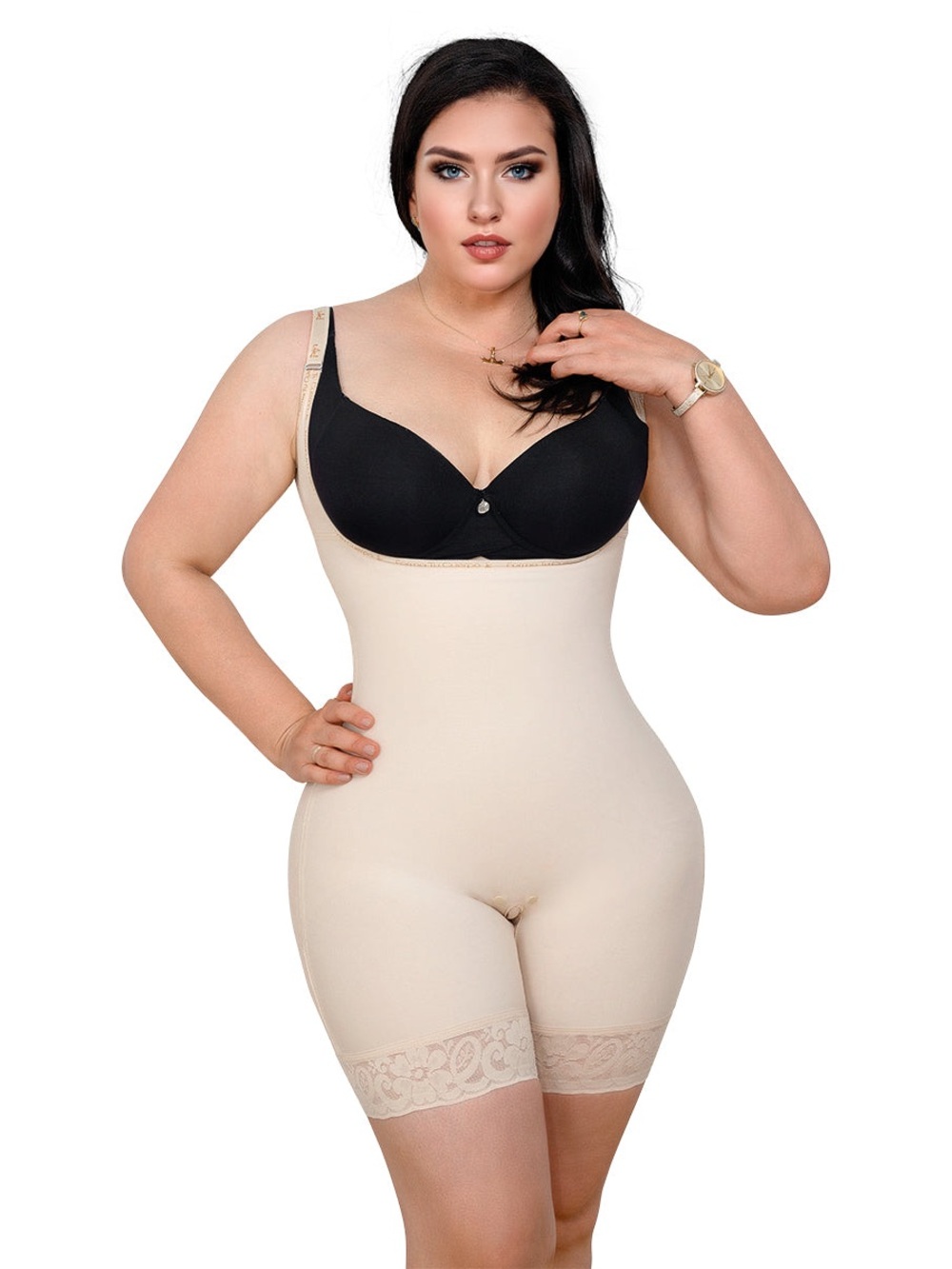 High-Waist Beige Full-Body Shaper with Lace Trim